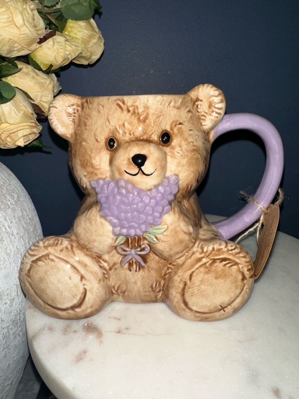 Cute Teddy Bear Ceramic Mug with Lavender Bouquet - Beige and Lilac